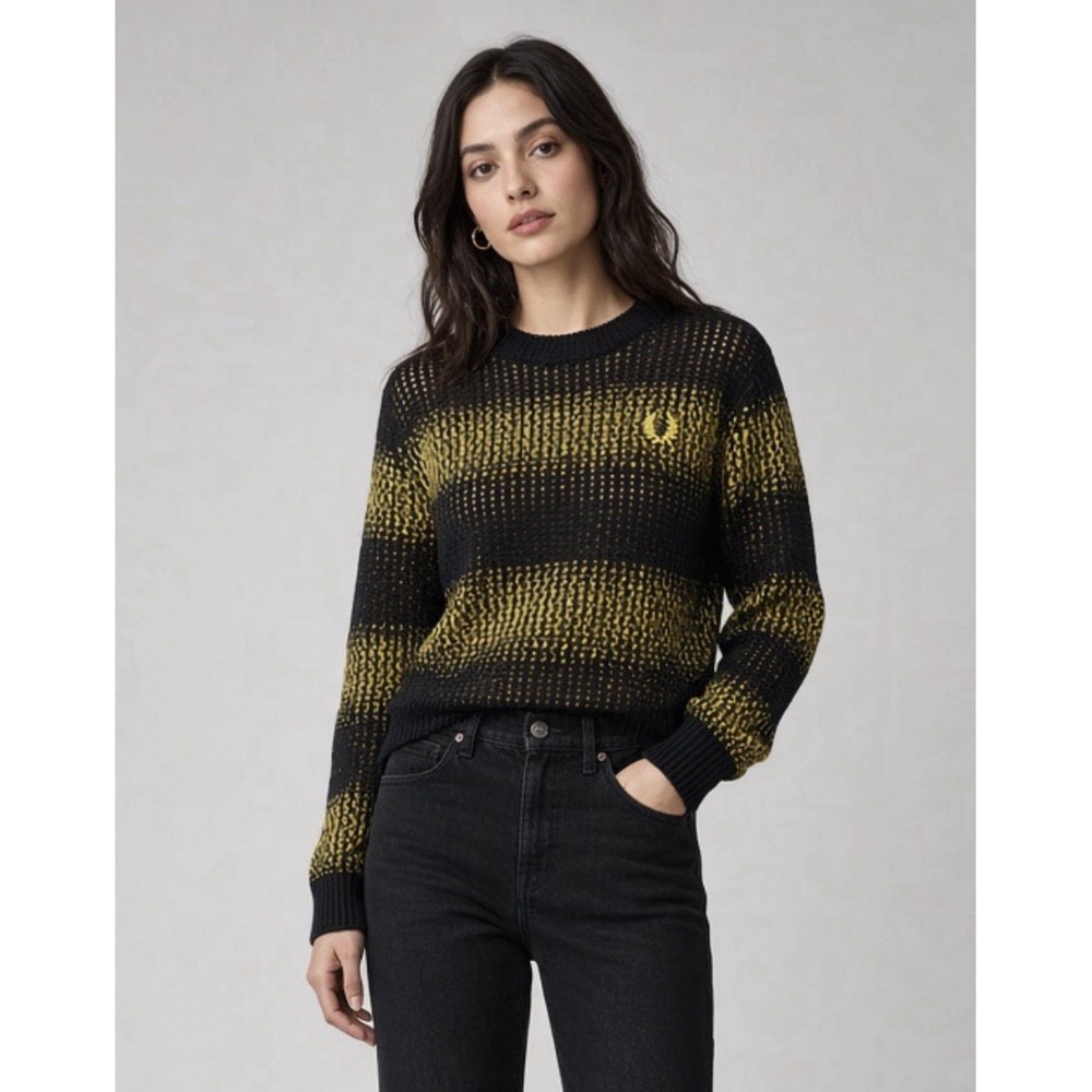 Fred Perry Women's Black And Yellow Space Dye Pullover Sweater - Size 6